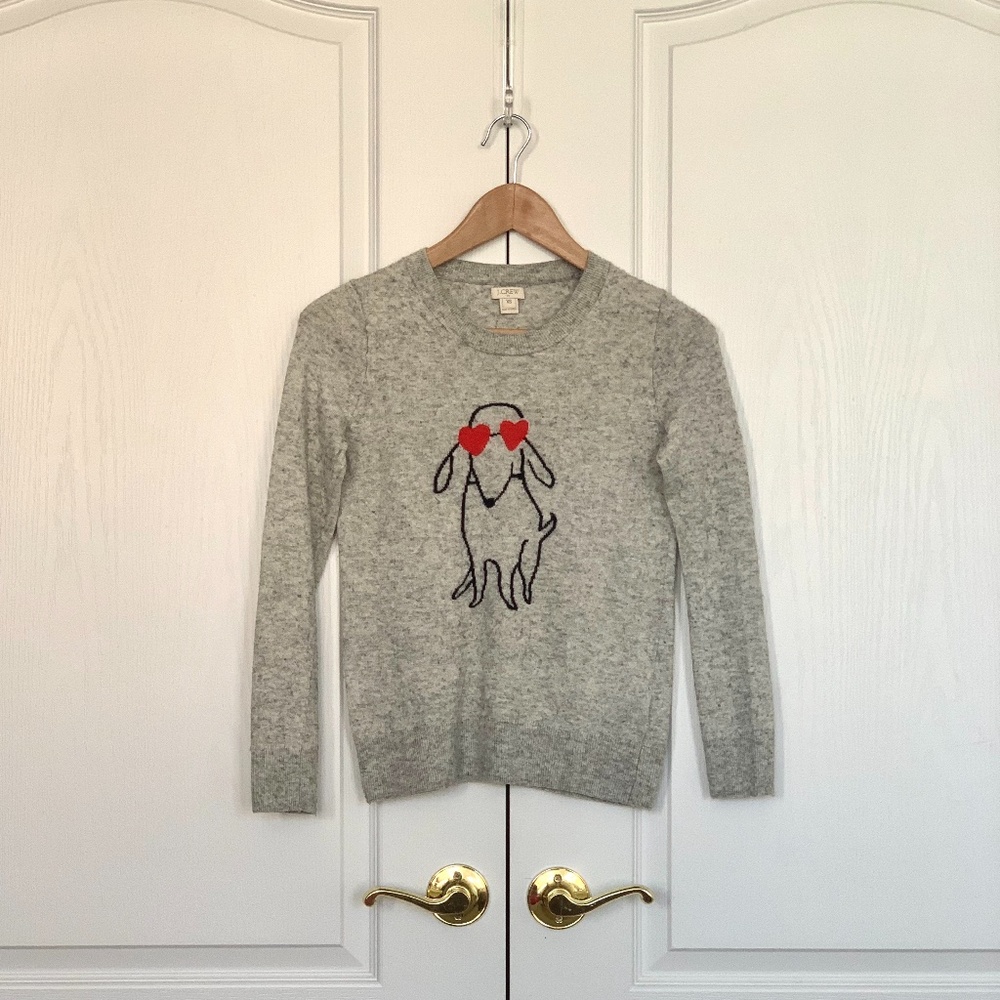 Gray Dog with Red Heart Eyes Sweater